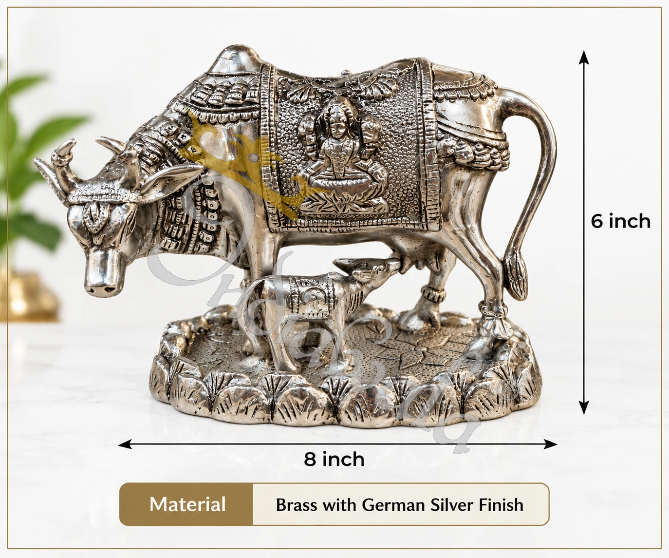 INW-9484_2 Elegant Silver Finish Brass Kamdhenu Cow Statue for spiritual home decor