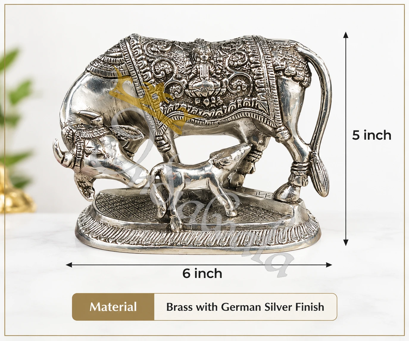 INW-9486 Silver Polish Brass Kamdhenu Idol in a luxury velvet box