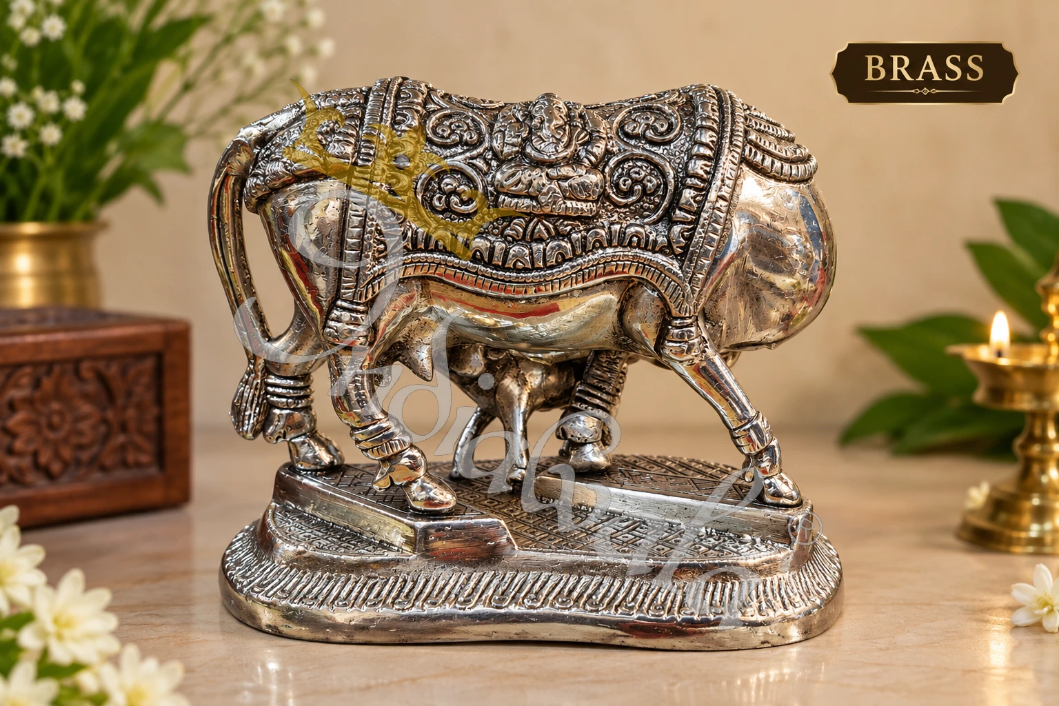 INW-9486_1 Silver Polish Brass Kamdhenu Idol in a luxury velvet box