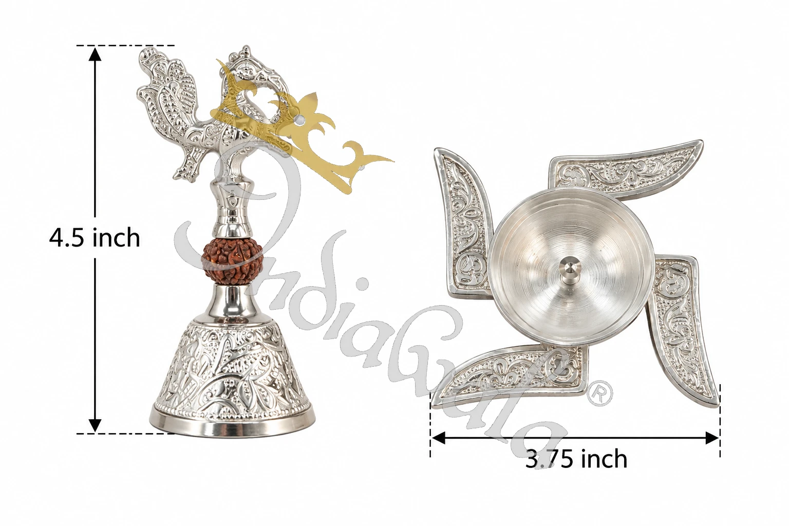 INW-9488_2 German silver swastik diya and peacock bell set in a premium velvet box