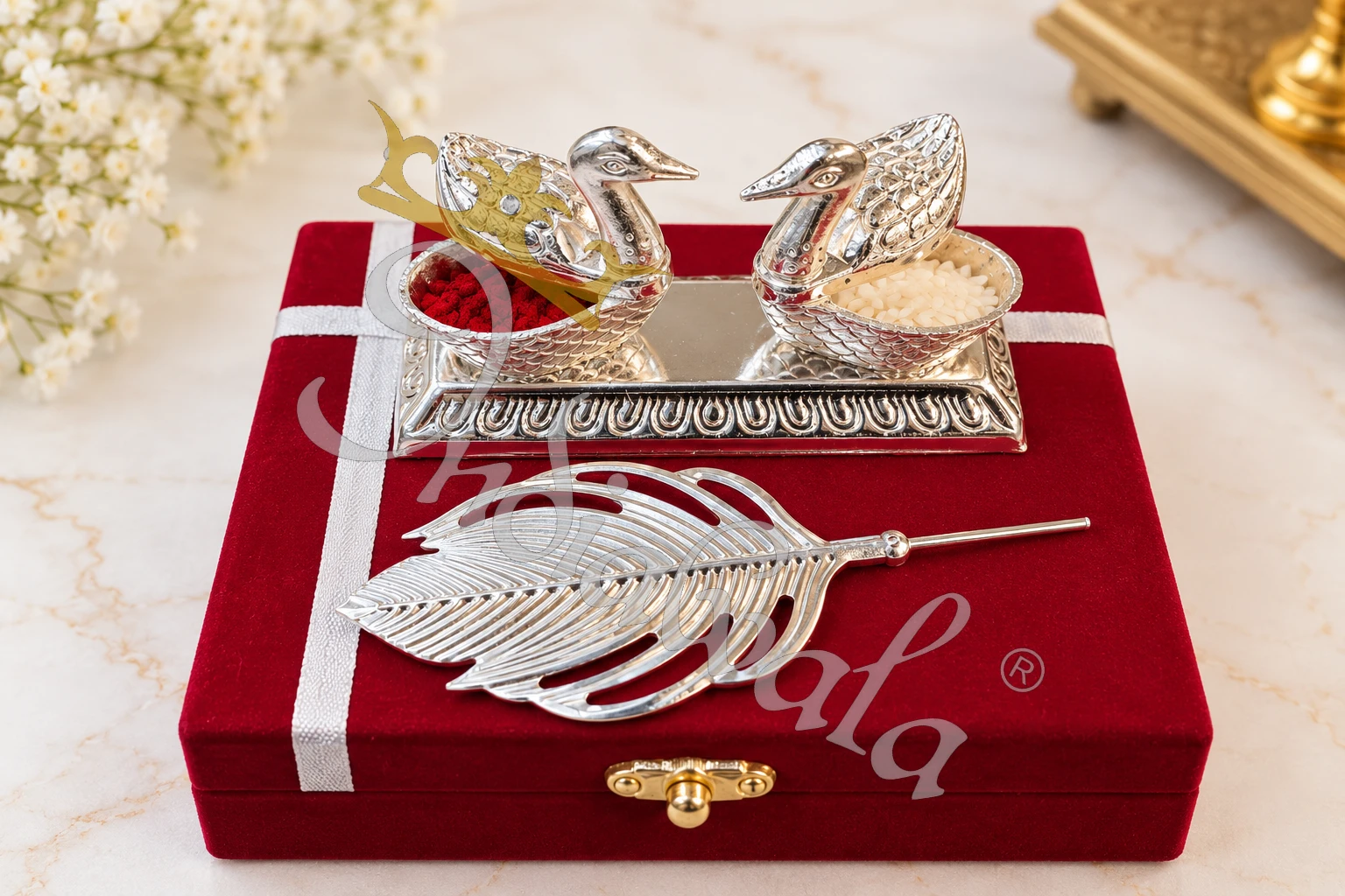 INW-9489 German Silver Swan Morpankh Kumkum Holder in a premium velvet box