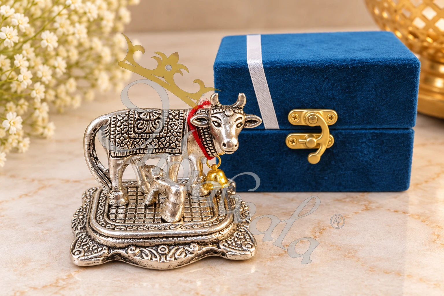 Miniature German Silver Aluminium Cow Figurine in a velvet box for gifting.
