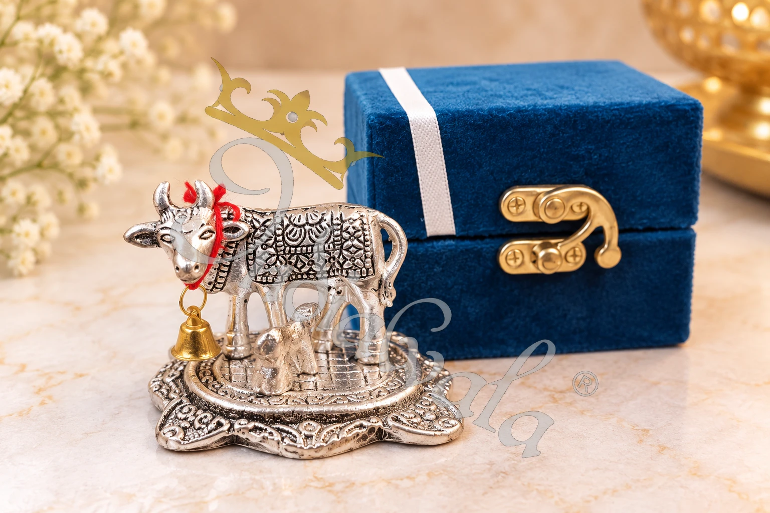 German Silver Kamdhenu Velvet Box for corporate gifting