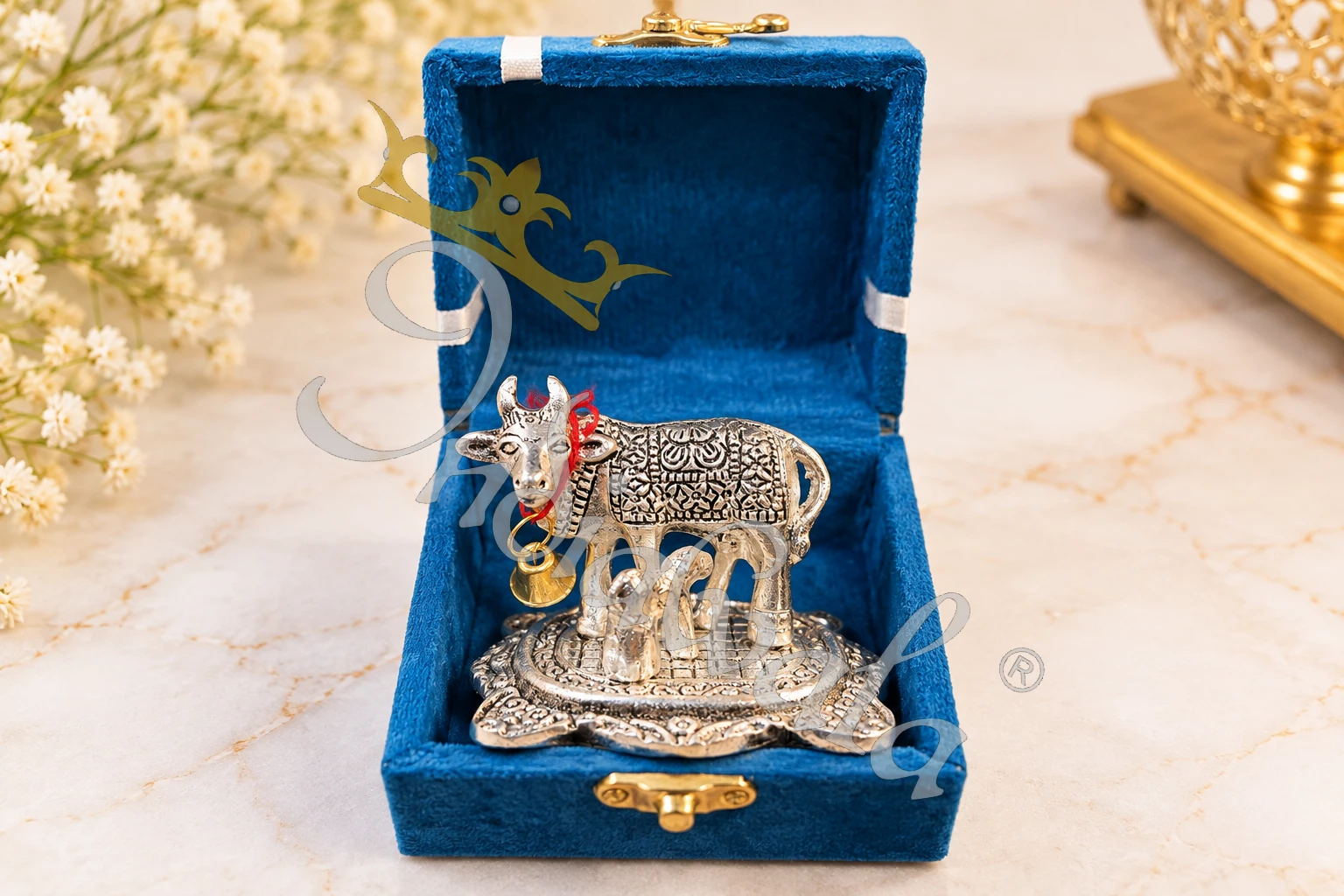 German Silver Kamdhenu Velvet Box for corporate gifting