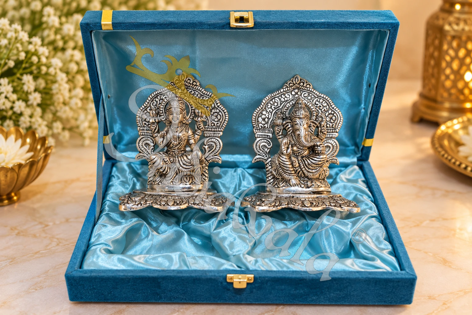 German Silver Laxmi Ganesh Gifting Idol in a premium velvet box
