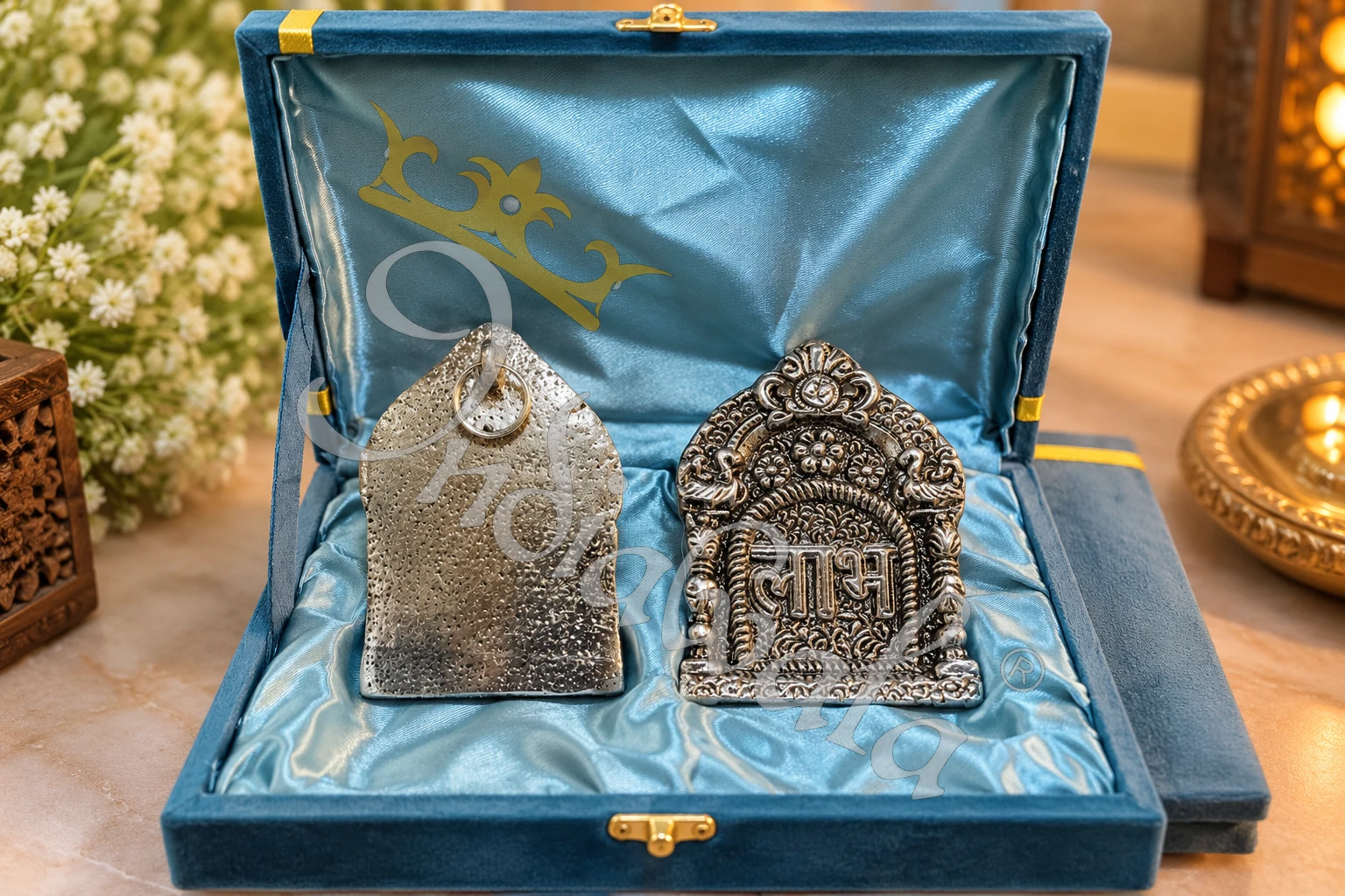 INW-9493_1 German Silver Shubh Labh Gifting Set in a premium velvet box