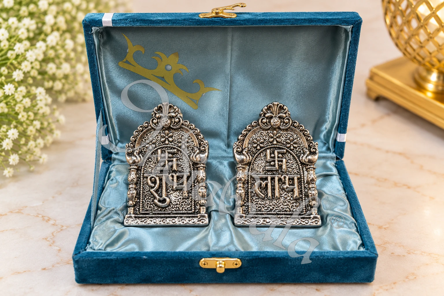 INW-9494 Aluminium German Silver Shubh Labh Set in a premium velvet box