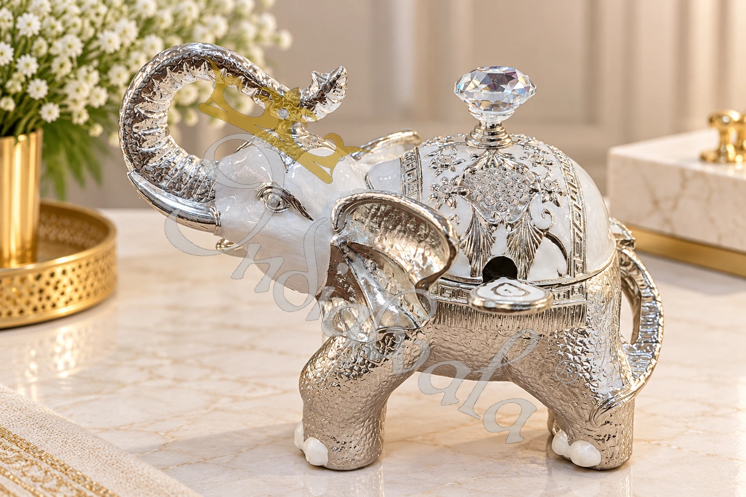 INW-9495 German Silver Elephant Shape Bowl filled with dry fruits