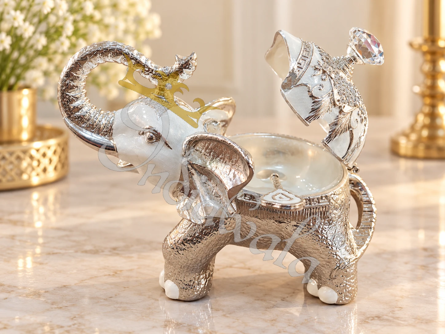 INW-9495_1 German Silver Elephant Shape Bowl filled with dry fruits