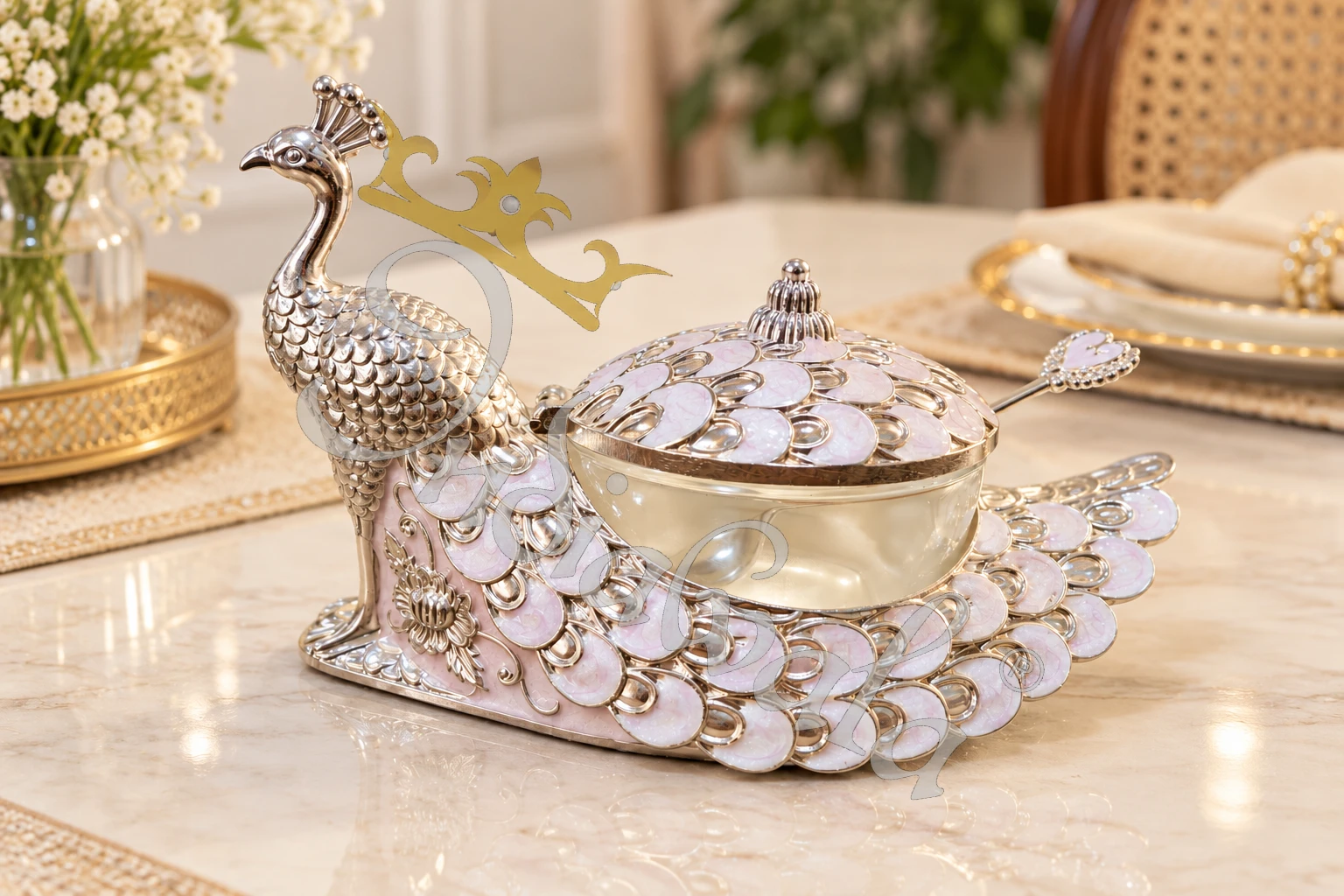 INW-9498-1 7 inch german silver peacock bowl with intricate design