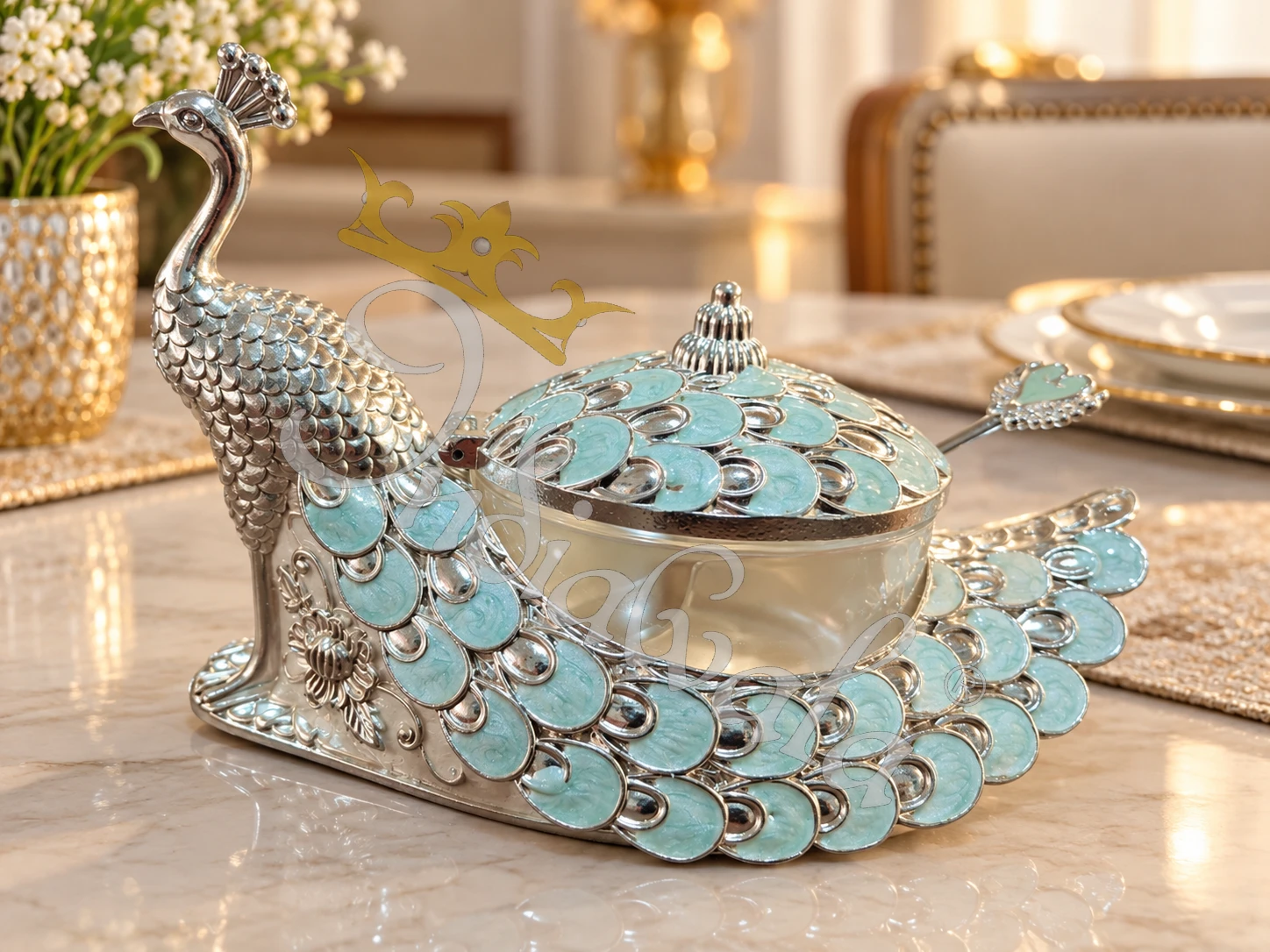 INW-9499 7.25 Inch German Silver Peacock Bowl with intricate handcrafted details