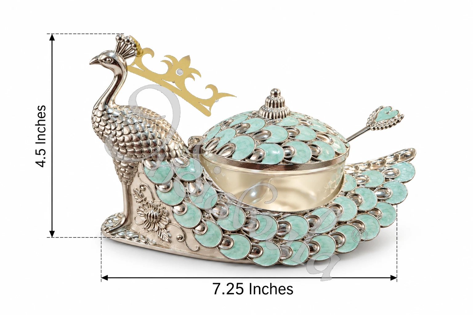 INW-9499_1 7.25 Inch German Silver Peacock Bowl with intricate handcrafted details