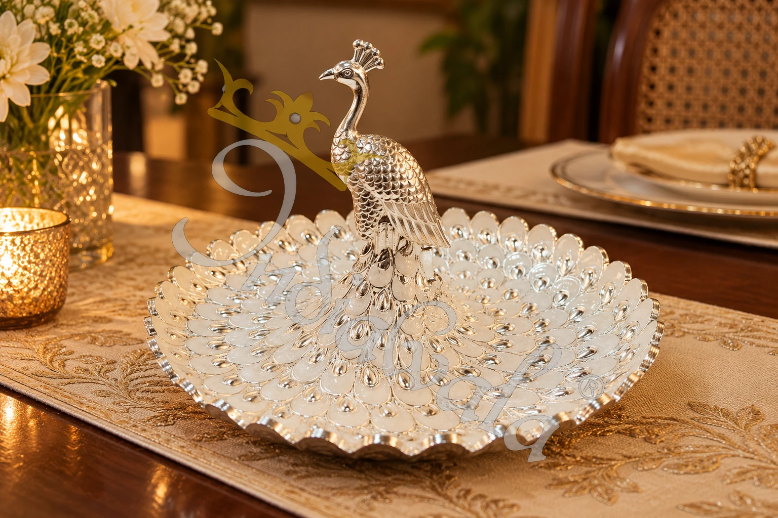 INW-9500 Handcrafted German Silver Peacock Gifting Tray for premium corporate gifting