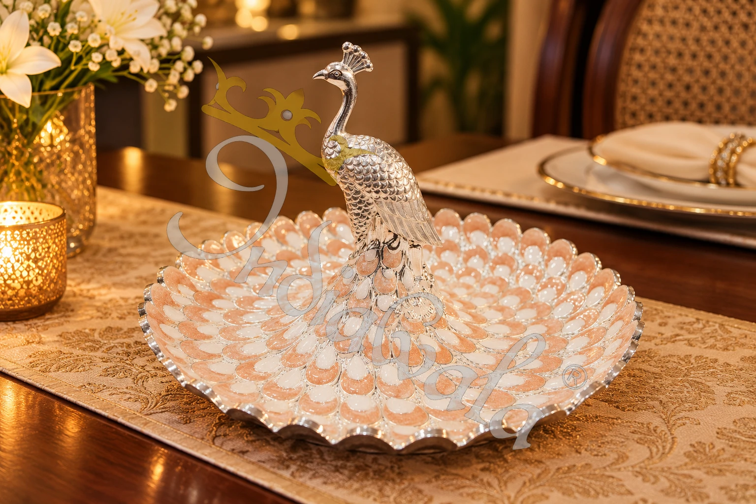 INW-9501-1 An elegant 8 Inch German Silver Peacock Tray with intricate traditional engravings.