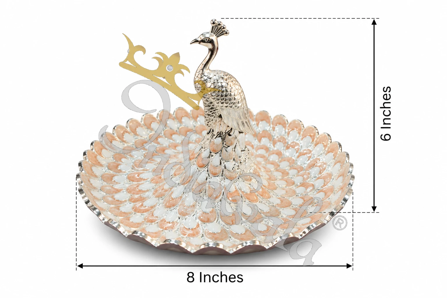 INW-9501_1-1 An elegant 8 Inch German Silver Peacock Tray with intricate traditional engravings.