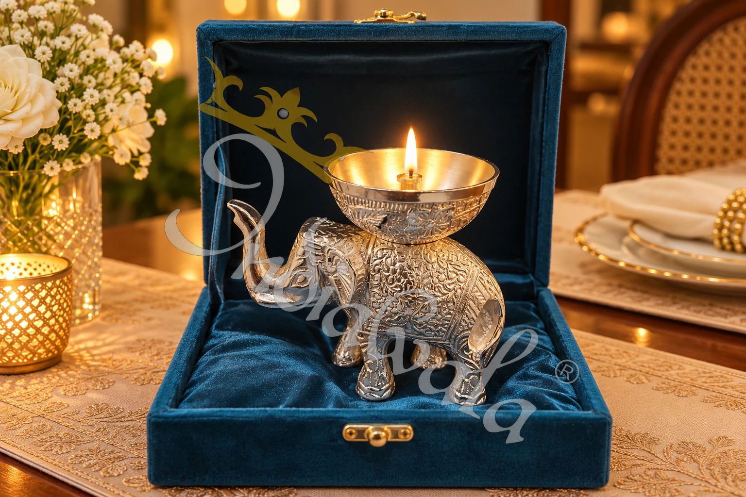 INW-9502 A beautifully crafted 5 inch German Silver Elephant Gifting Diya, showcasing intricate details.