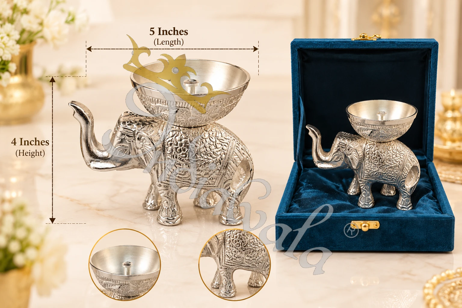 INW-9502_2 A beautifully crafted 5 inch German Silver Elephant Gifting Diya, showcasing intricate details.